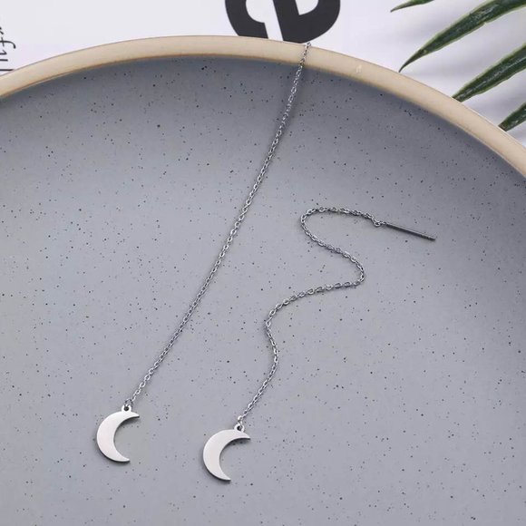 New Silver-Tone Stainless Steel Crescent Moon Threader Earrings (Version 21) - Picture 3 of 5